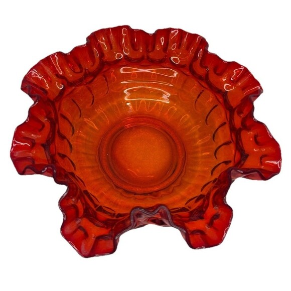 Vintage Orange Amber Glass Scalloped Tulip Bowl 7.75" Wide & 3.5" - Picture 1 of 5